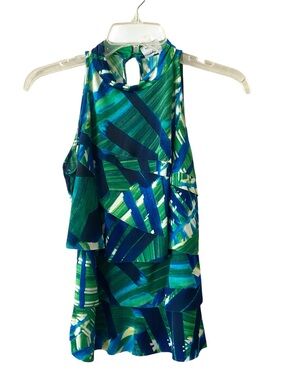 Worthington Blue Green Abstract Halter Ruffle Top
